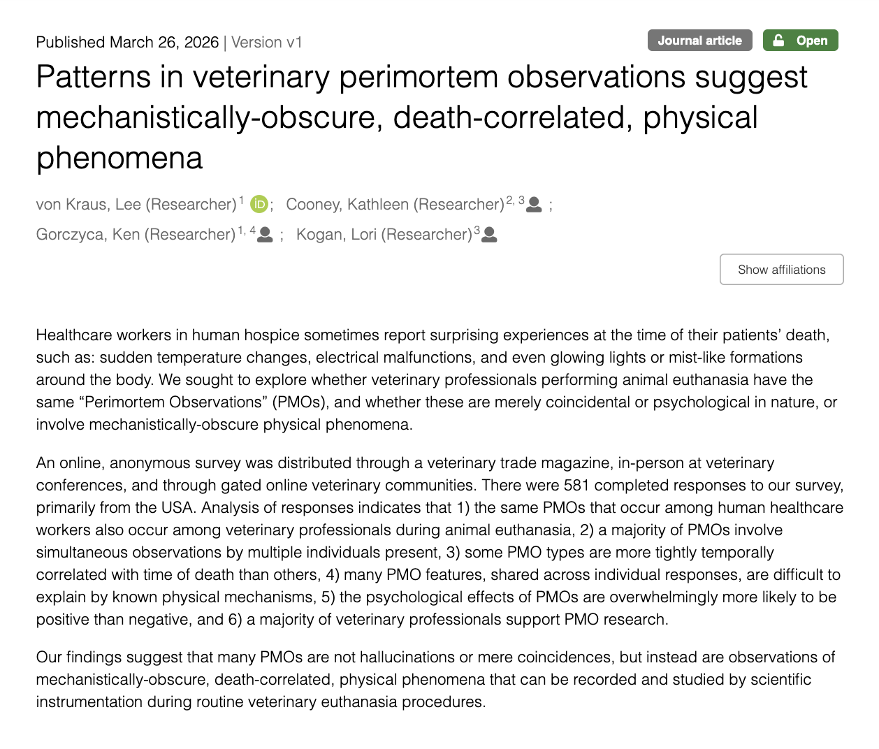 Zenodo listing for the paper 'Patterns in veterinary perimortem observations suggest mechanistically-obscure, death-correlated, physical phenomena' by von Kraus, Cooney, Gorczyca, and Kogan